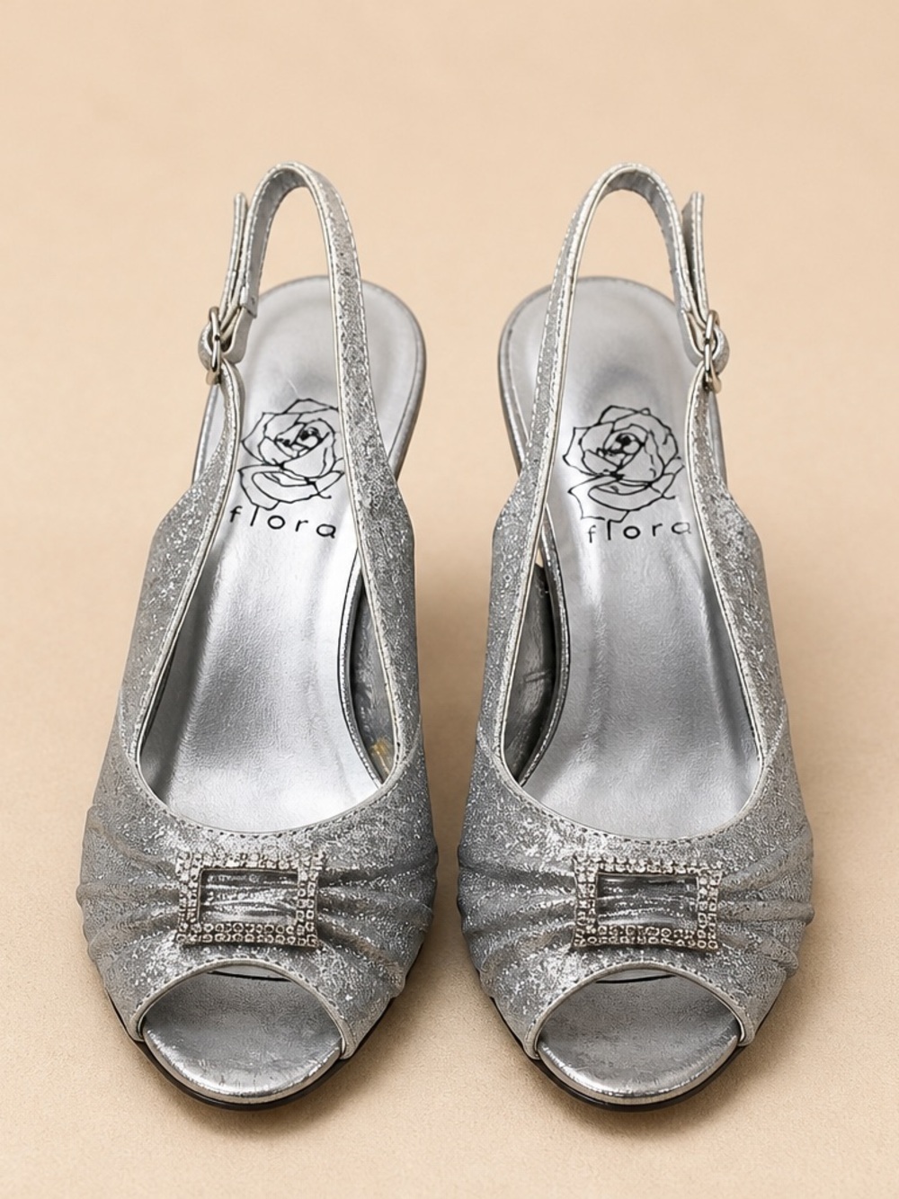 FLORAL 10 WW Nadine Women's Wide Width Peep Toe Dress SilverSlingbackShoes 2/$25